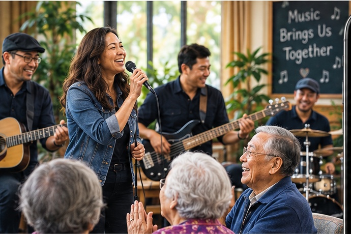 A diverse live band performing for smiling seniors